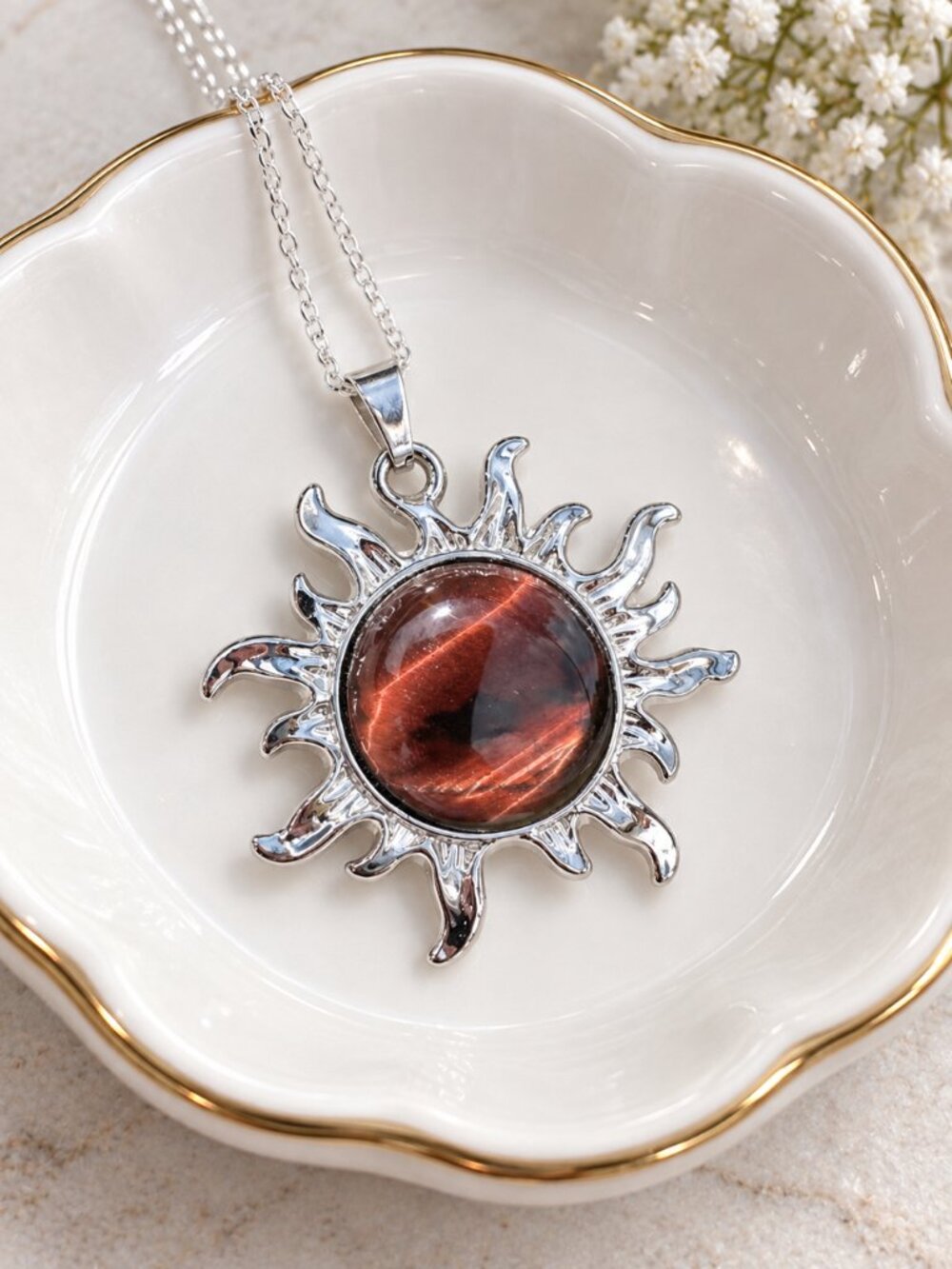 Red Tiger Eye Sun Pendant Necklace